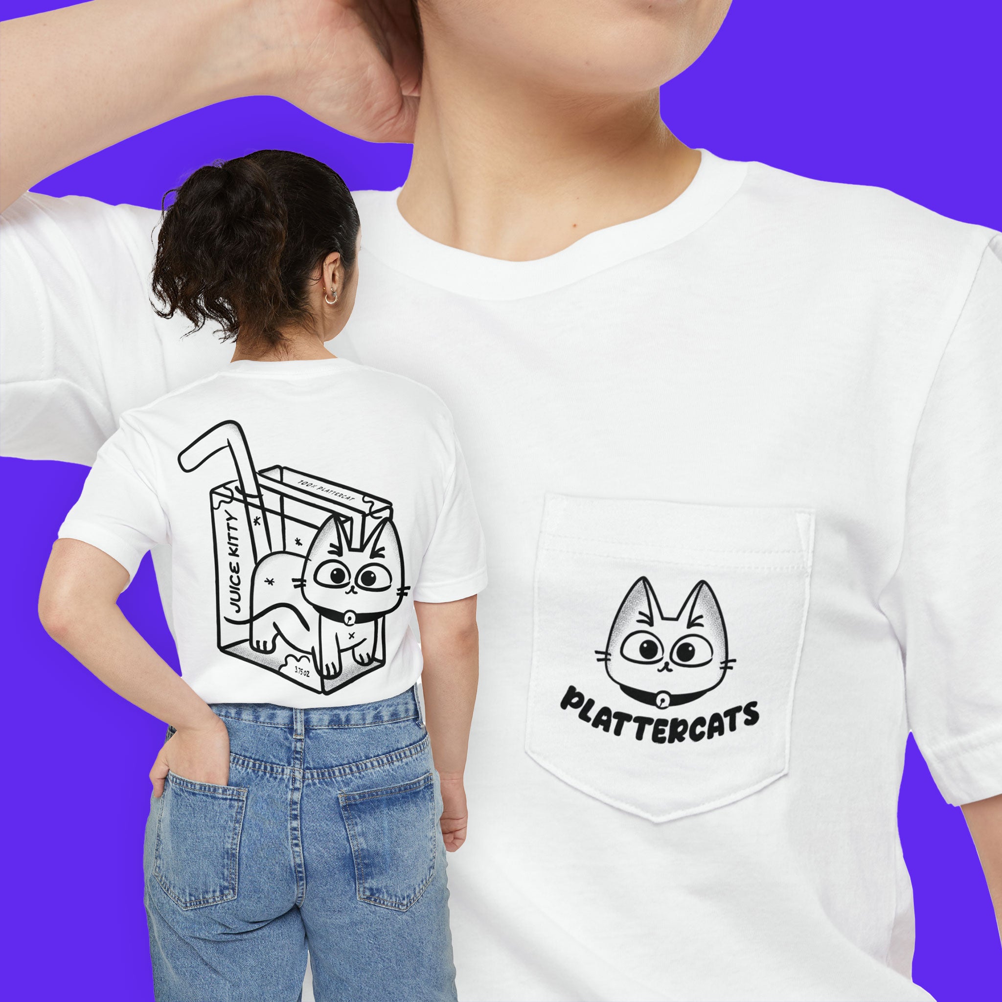 Juice Box Cat - Unisex - Pocket T-shirt - PlatterCats Creative