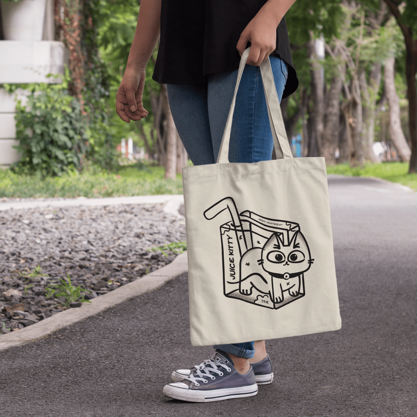 Juice Box Cat - Cotton Canvas Tote Bag - PlatterCats Creative